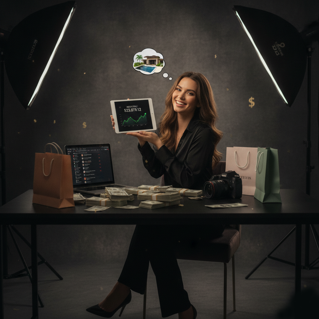Creadora de contenido monetizando en SugarFy: mujer profesional mostrando ingresos en tablet con gráfica de crecimiento